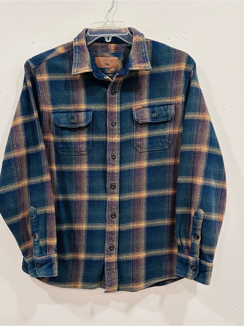 Orvis Flannel Shirt Jacket Men L Blue Yellow Plaid Shacket Overshirt Utility